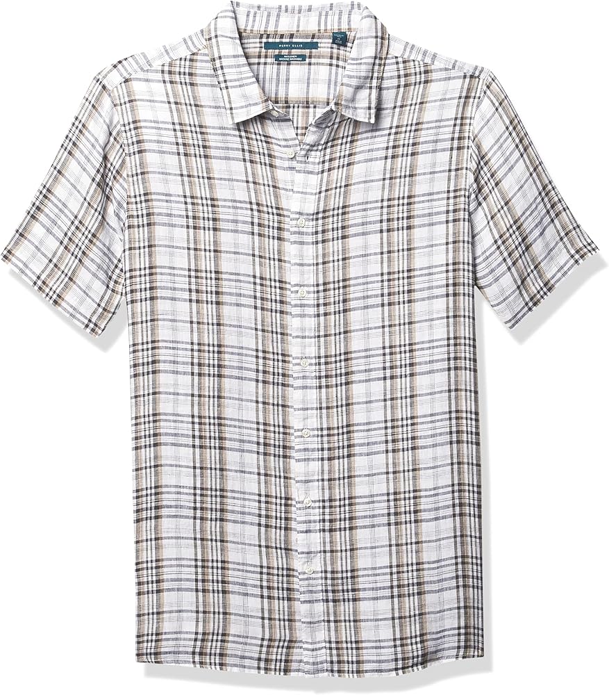 Perry Ellis Men's Big & Tall Untucked Linen Plaid Short Sleeve Button-Down Shirt