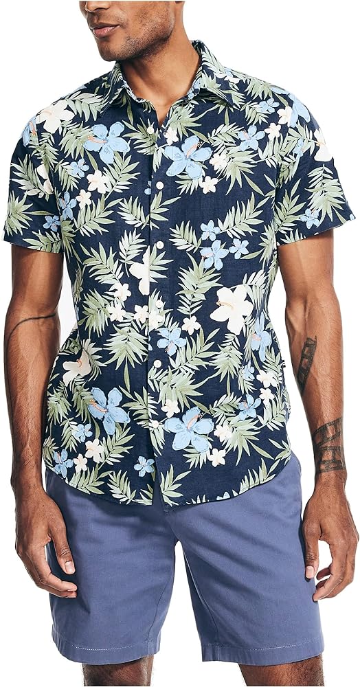 Nautica Men's Sustainably Crafted Printed Linen Short-Sleeve Shirt