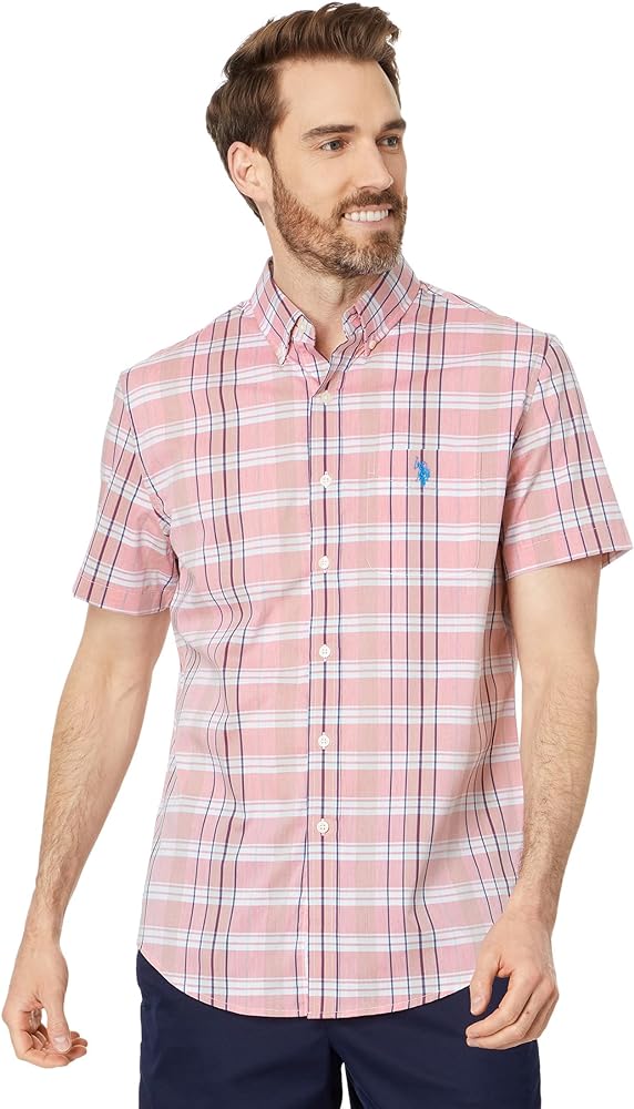 U.S. Polo Assn. Men's Short Sleeve Classic Fit 1 Pocket Yarn Dyed Stretch Poplin Woven Shirt