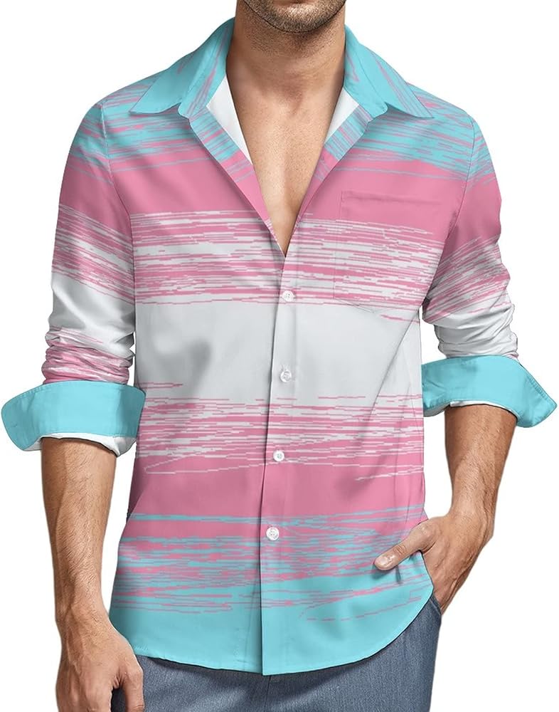 Transgender LGBT Flag Men's Shirts Long Sleeve Button-Down Blouse Casual Tee Top