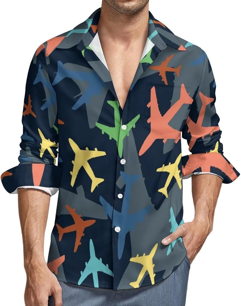 Colorful Airplanes Mens Long Sleeve Shirts Casual Button Down Shirts for Men Summer Beach Tees with Pocket