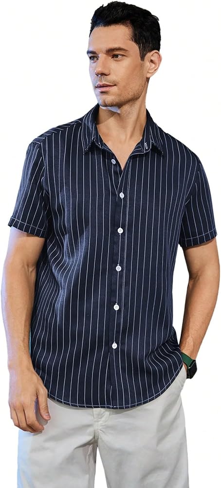 SOLY HUX Men's Short Sleeve Button Down Shirts Casual Dress Going Out Camp Tops Navy Blue Stripes Medium