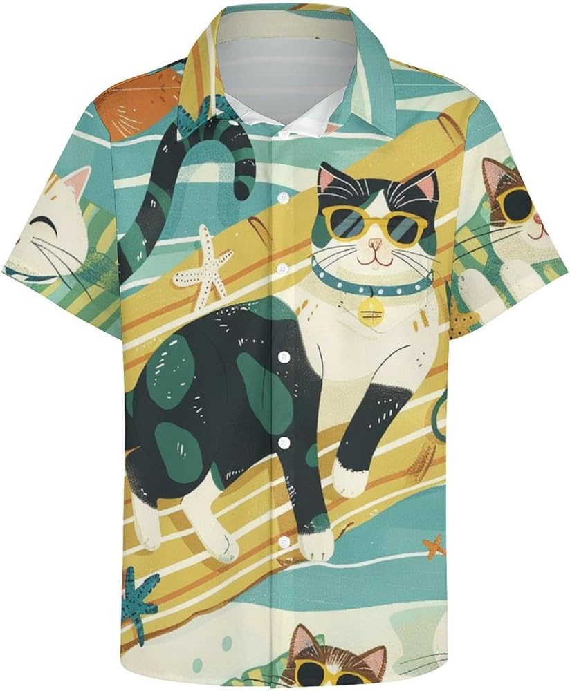 Cute Cat Mens Hawaiian Shirts Funny Cat Print Short Sleeve Aloha Beach Shirt Summer Button Down Shirt