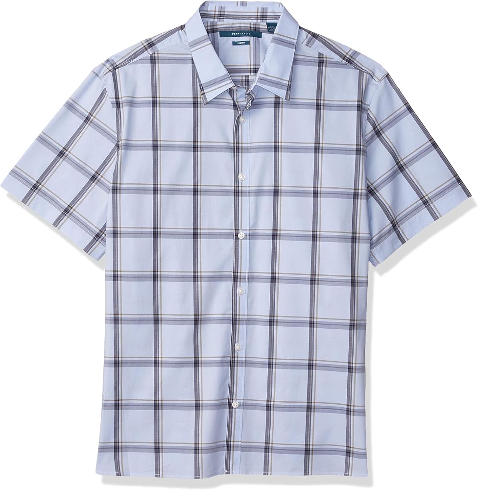 Perry Ellis Men's Multi-Color Open Plaid Short Sleeve Button-Down Stretch Shirt, Kentucky Blue, Small