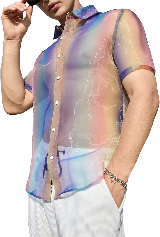 WDIRARA Men's Sheer Ombre Button Down Short Sleeve Organza Party Disco Shirt Top