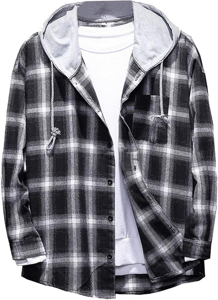 Lavnis Men's Plaid Hooded Shirts Casual Long Sleeve Lightweight Shirt Jackets