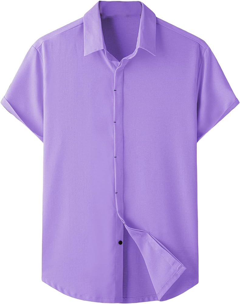 SOLY HUX Men's Short Sleeve Button Down Shirts Casual Dress Going Out Camp Tops Pure Violet Purple S