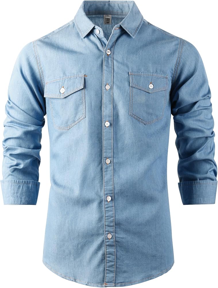 OCHENTA Men's Denim Casual Chambray Button Down Shirts Long Sleeve Lightweight