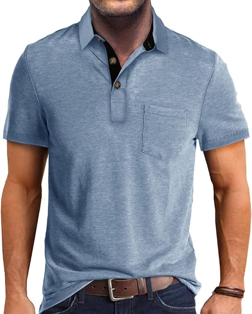 Men's Fashion Casual Polo Shirts Cotton Slim Fit Button Short Sleeve Basic Golf Work Tops