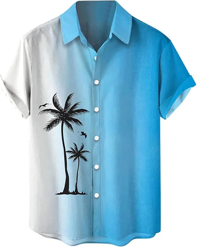 Mens Hawaiian Shirts Short Sleeve Button Down Gradient Beach Shirts Tropiacal Casual Blouses Tops with Pockets