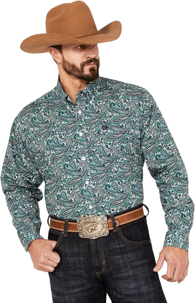 Cinch Men's Paisley Print Long Sleeve Button-Down Western Shirt Teal Small