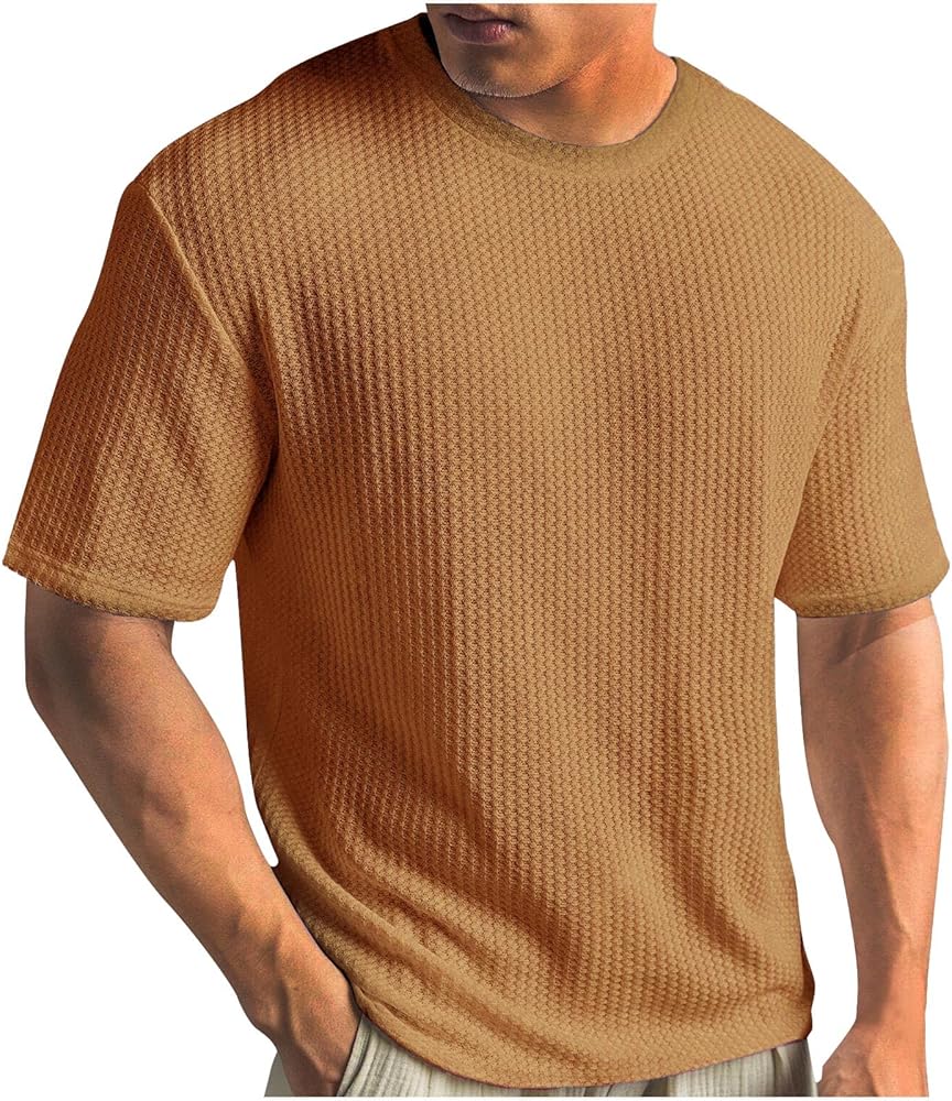 Mens Shirts Casual Short Sleeve T-Shirt Waffle Knit Tee Shirt Summer Beach Textured Top