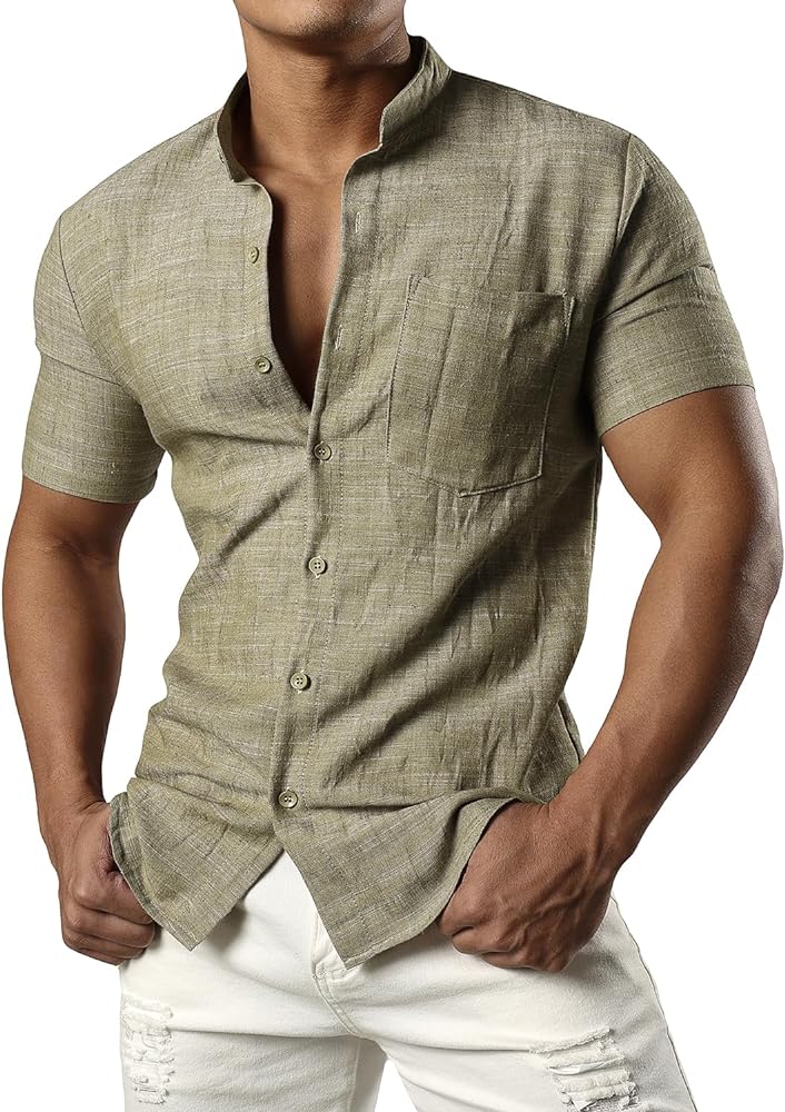 JOGAL Men's Linen Henley Shirt Banded Collar Short Sleeve Botton Down Shirts Summer Beach Shirts