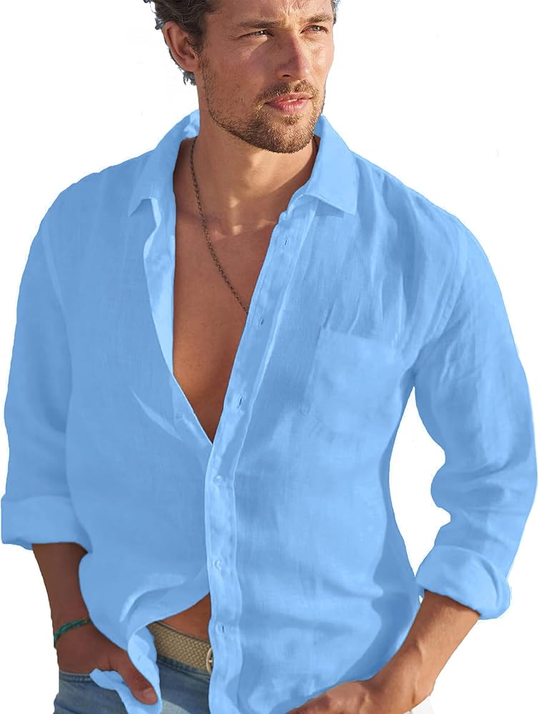 TURETRENDY Mens Button Down Linen Shirts Casual Long Sleeve Dress Shirts Regular Fit Cotton Beach Yoga Shirts with Pocket