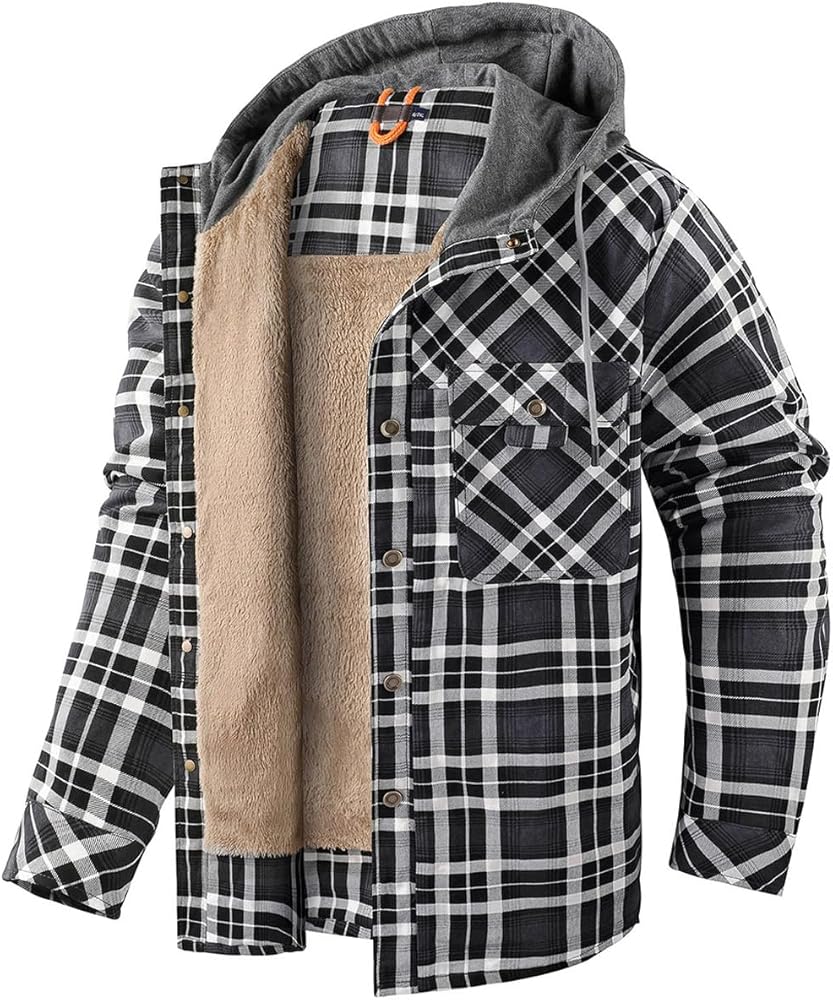 Mr.Stream Men's Hooded Coat Casual Thicken Long Sleeve Plaid Work Flannel Button Down Shirt Jacket