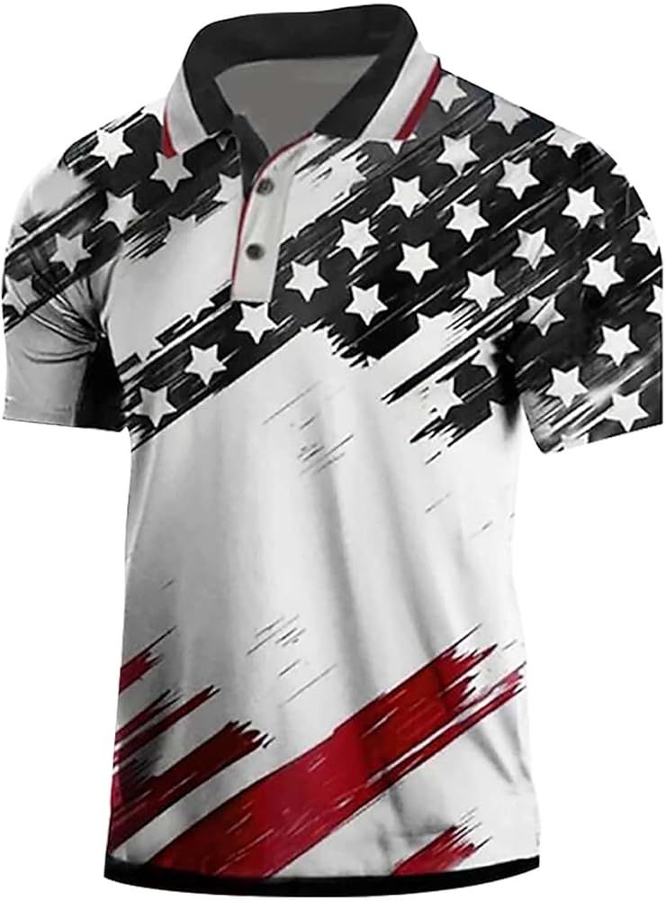 American Flag Polo Shirt Men Short Sleeve Button Polo Slim Fit Shirts America Patriotic Flag T-Shirt