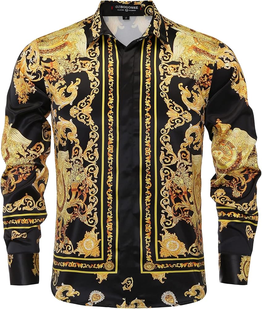 Mens Luxury Brand Printed Silk Like Satin Button Down Dress Shirt for Party Prom Long Sleeve Slim Fit Floral Nightclub Shirt