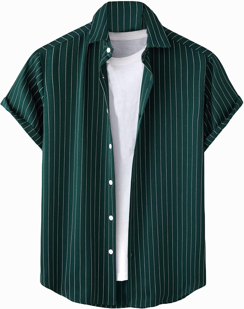 SOLY HUX Men's Short Sleeve Button Down Shirts Casual Dress Going Out Camp Tops Dark Green Striped XL