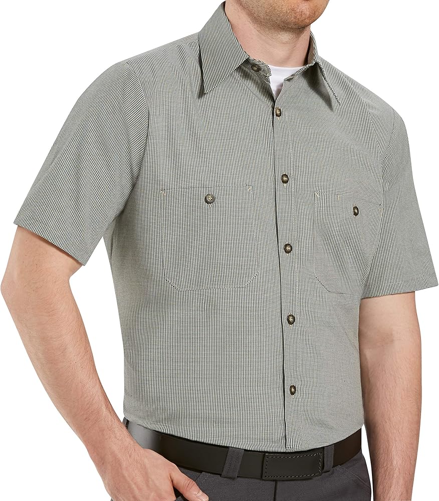 Red Kap Men's Micro-Check Uniform Shirt, Khaki/Black Check, Short Sleeve 3X-Large