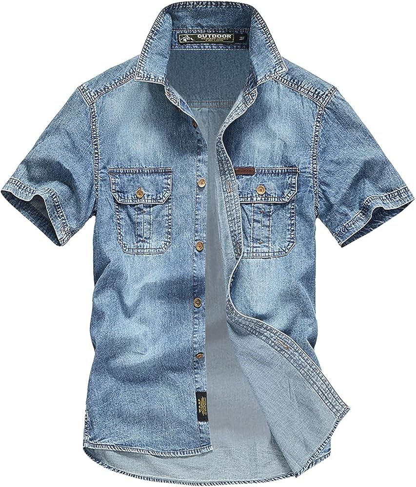 Mens Retro Denim Shirt Cotton Big and Tall Short Sleeve Button Down Casual Lapel Pocket Washed Work Jean Shirt