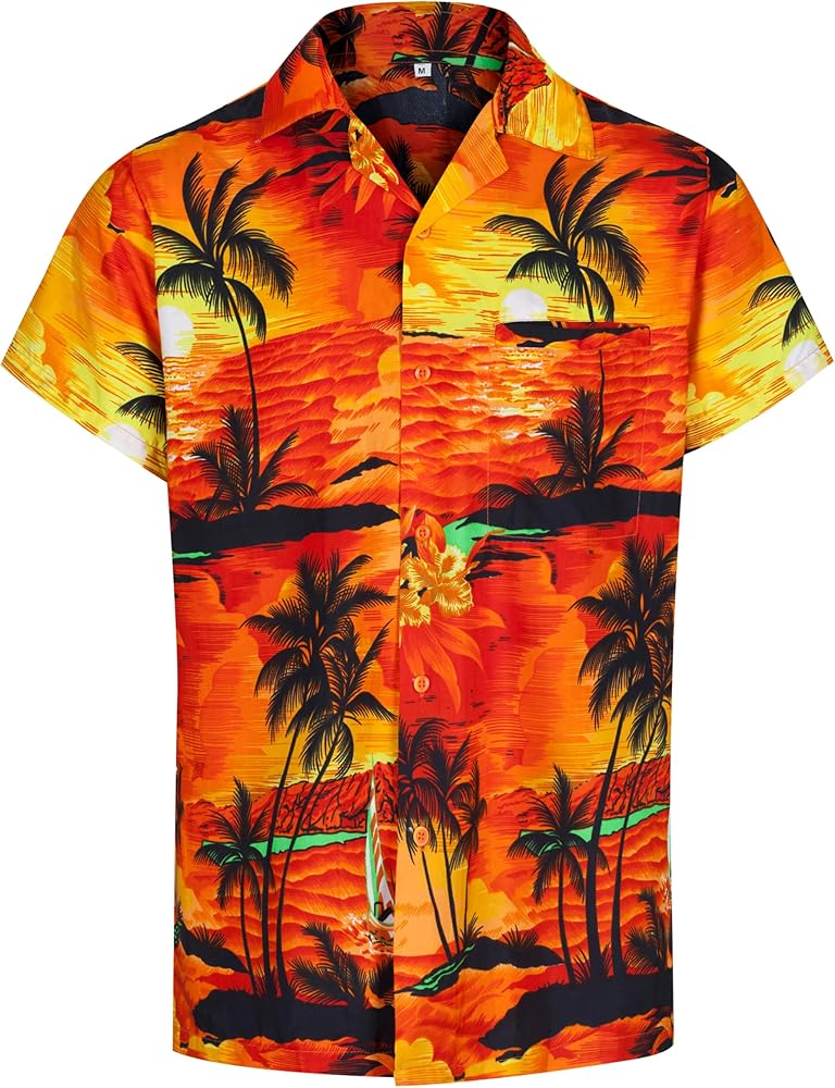 Tropical Hawaiian Shirt for Men with Pocket-Aloha Short Sleeve Loose Fit Caribbean Shirts - Floral Button Down Shirt