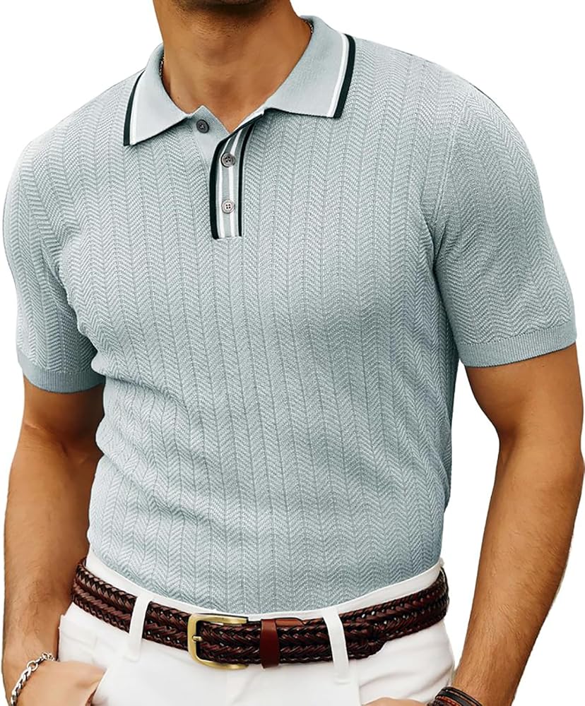 PJ PAUL JONES Mens Knitted Polo Shirts Short Sleeve Textured Pullover Golf Polo T Shirts