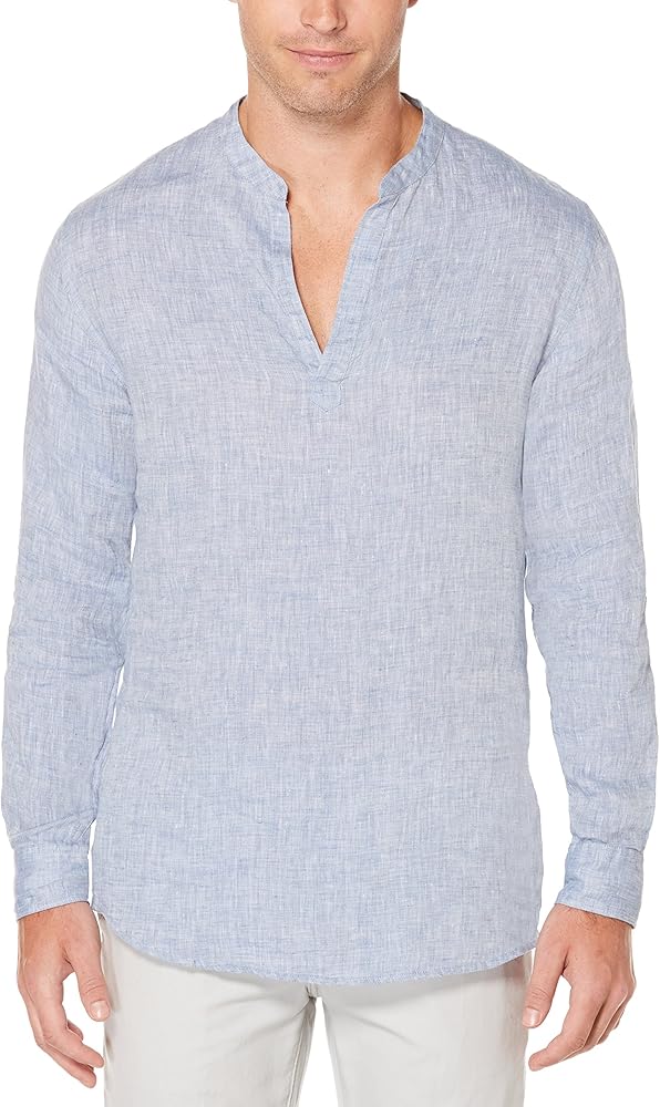 Perry Ellis Men's Long Sleeve Solid Linen Popover Shirt