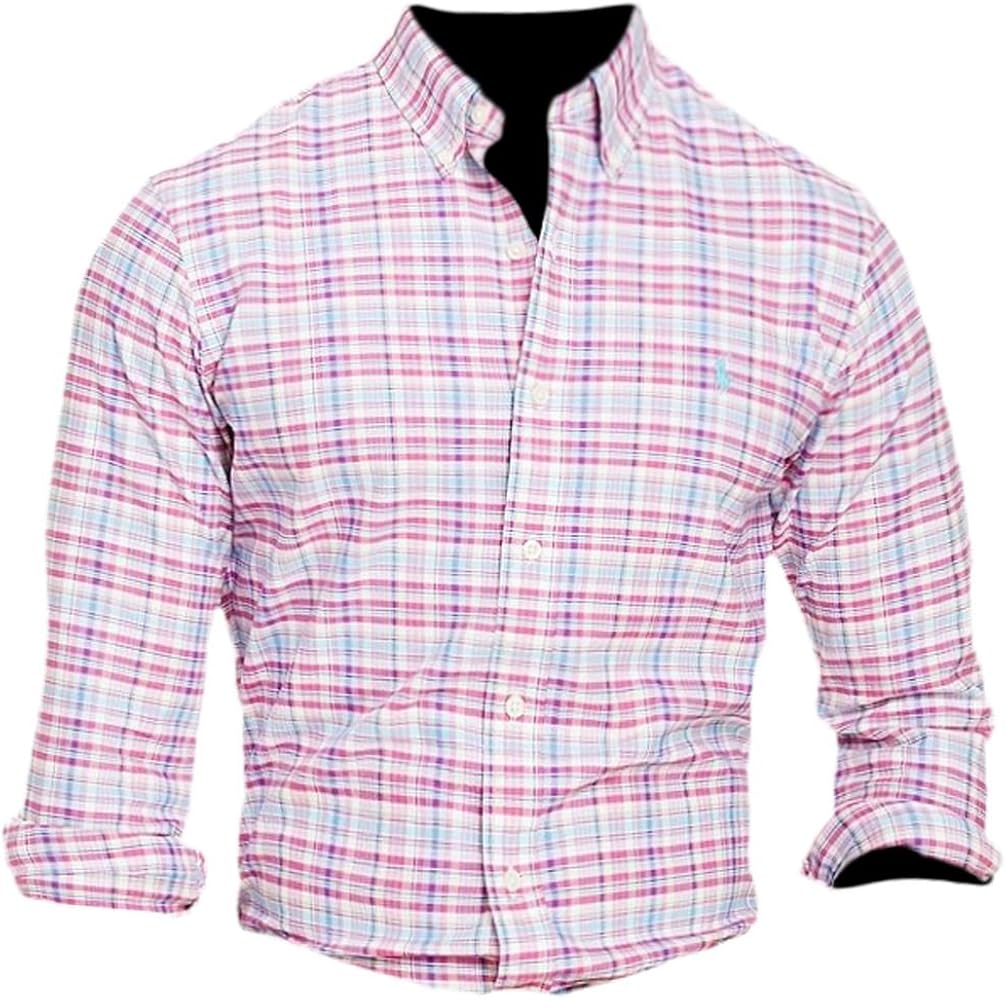 Ralph Lauren Polo Men's Checked Oxford Classic Fit Long Sleeve Button Down Shirt (X-Small, Maui Pink/Royal Multi)