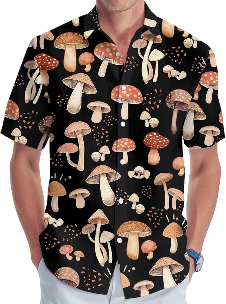 Mushroom Hawaiian Shirt, Mystical Mushroom Short Sleeve Button Shirt, Gifts for Birthday, Tropical Summer Gifts