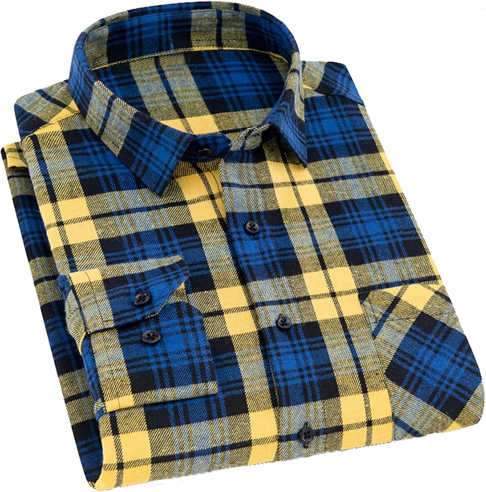 Men's Flannel Plaid Shirts Long Sleeve Regular Fit Casual Button Down Shirt Cotton Checked Shirts with Pockets