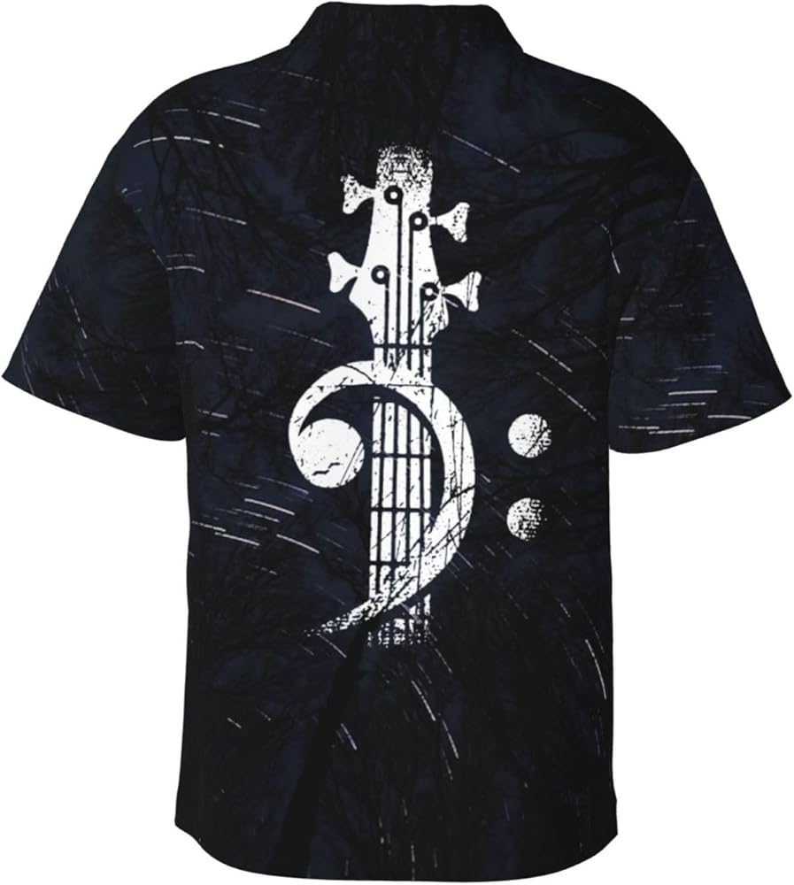 Bass-Clef-Headstock-Bass-Guitar- Hawaiian Shirts for Men Button Down Shirts Short Sleeve Summer Vacation Beach Shirts Black