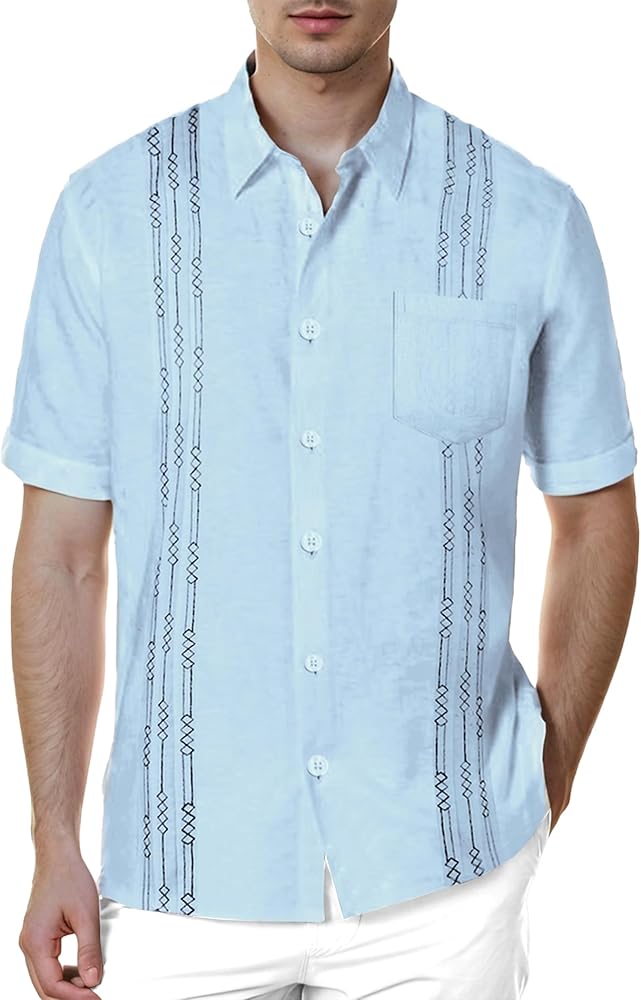 Mens Cuban Camp Guayabera Casual Linen Cotton Button Down Short Sleeve Shirts Beach Tops