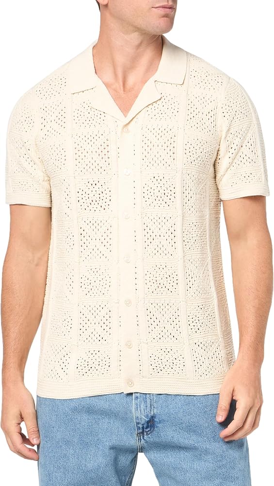 Lucky Brand Men's Crochet Camp Collar Short Sleeve Shirt