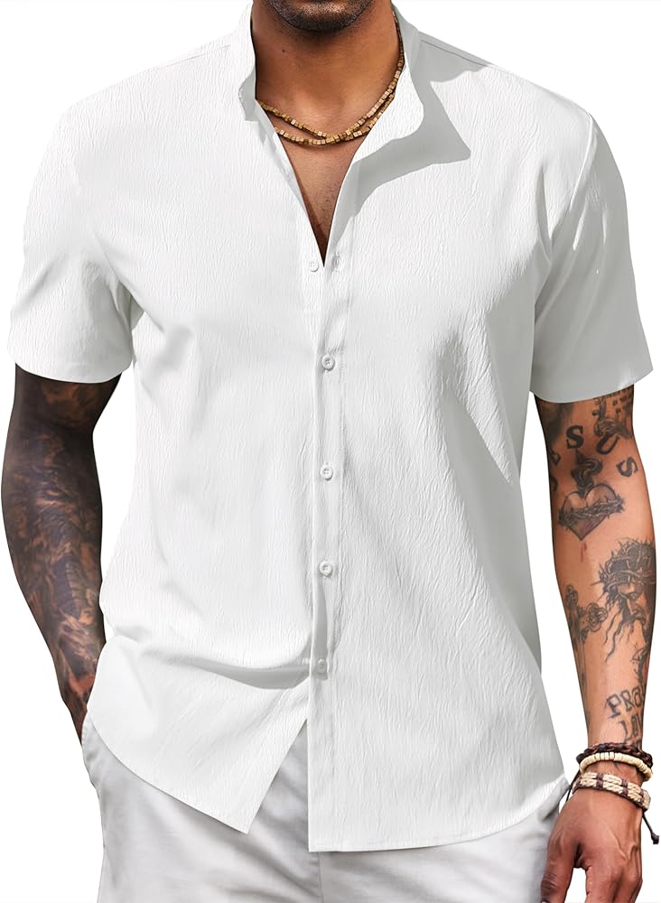 COOFANDY Men's Casual Button Down Short Sleeve Shirt Band Collar Shirts Textured Beach Summer Shirt