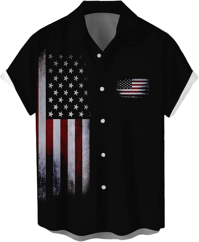 WHO IN SHOP Men's 4th of July Shirts American Flag Patriotic Shirts Short Sleeve Button Up USA Memorial Day Shirts