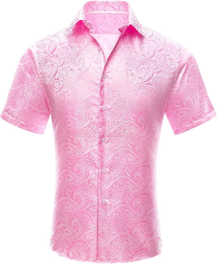 Hi-Tie Mens Summer Short Sleeve Dress Shirts Hawaiian Casual Button Down Regular Fit Shirt for Party Beach,Silky Pink White,Large