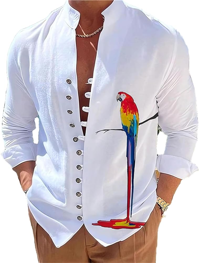 Men's Casual Sports Long Sleeve Button Down Shirt Beach Fashion Printed Bird Shirts