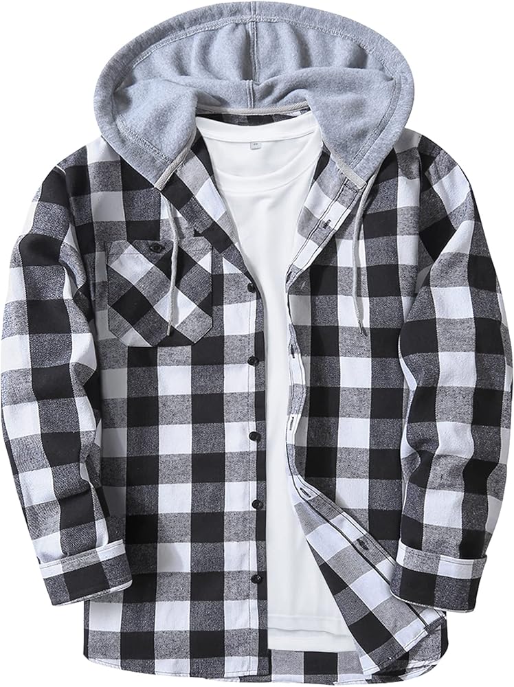 ZITY Men's Flannel Hoodie Shirts Casual Button Down Plaid Shirt Jackets for Men Long Sleeve Stylish Hooded with Pocket