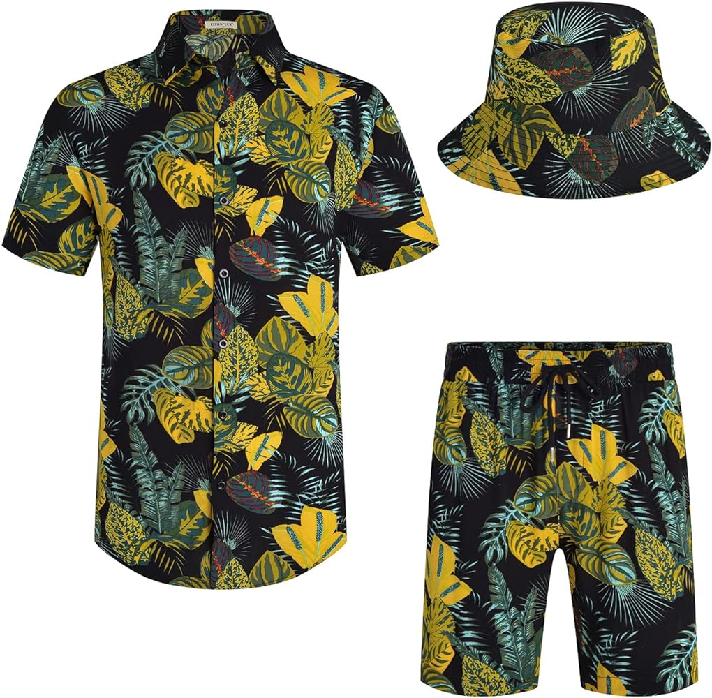 EISHOPEER Men's Flower Hawaiian Sets Casual Short Sleeve Shirt and Shorts Suits Outfits with Bucket Hats