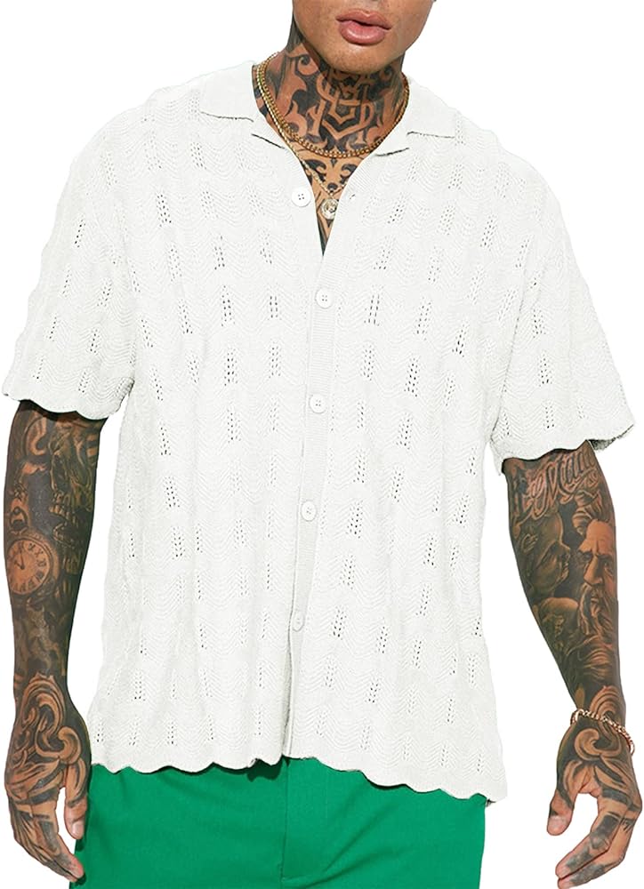 Mens Hollow Out Button Down Shirt Short Sleeve See Through Shirt Summer Casual Tops