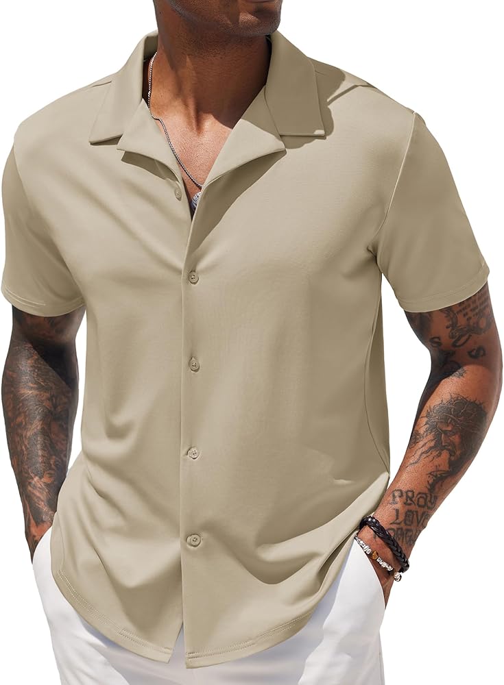 COOFANDY Mens Casual Button Down Shirts Short Sleeve Wrinkle Free Summer Dress Shirt Khaki