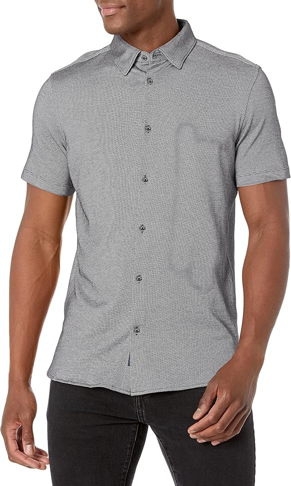 Perry Ellis Men's Slim Fit Jacquard Triangle Print Short Sleeve Stretch Button-Down Shirt