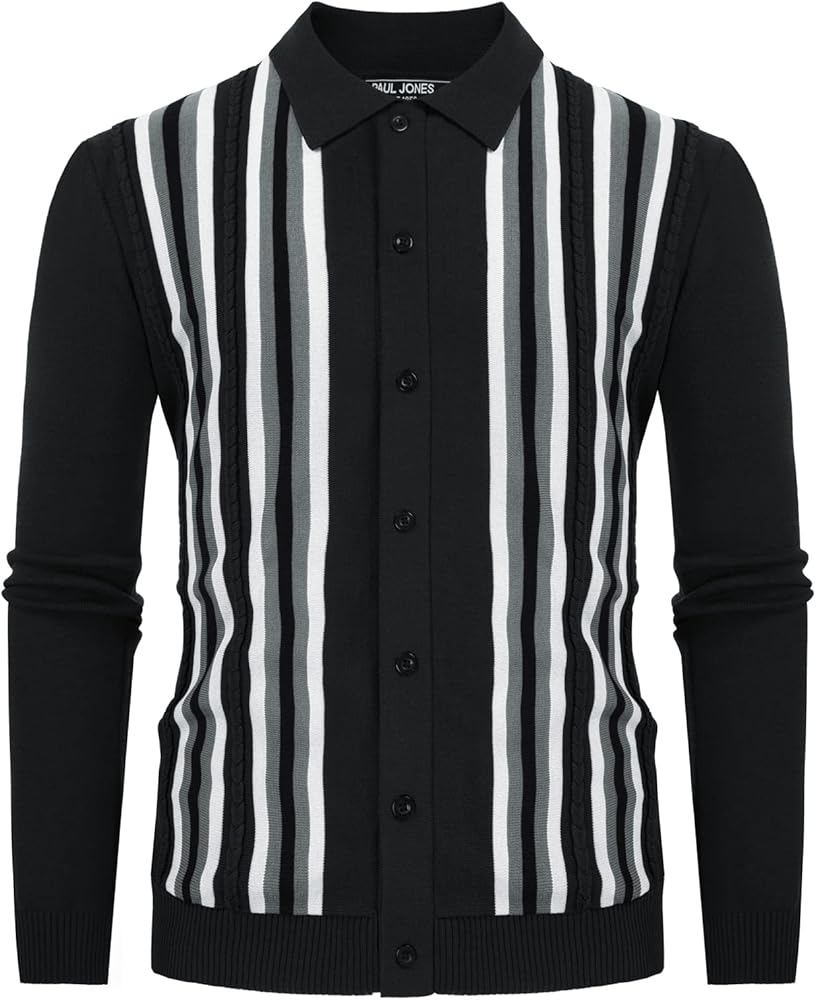 PJ PAUL JONES Mens Vintage Striped Knit Polo Shirt Long Sleeve Button Down Cardigan Sweater