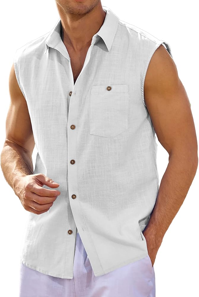 Men's Linen Sleeveless Shirts Button Down Beach Tank Top Basic Solid Shirt Vest with Pocket