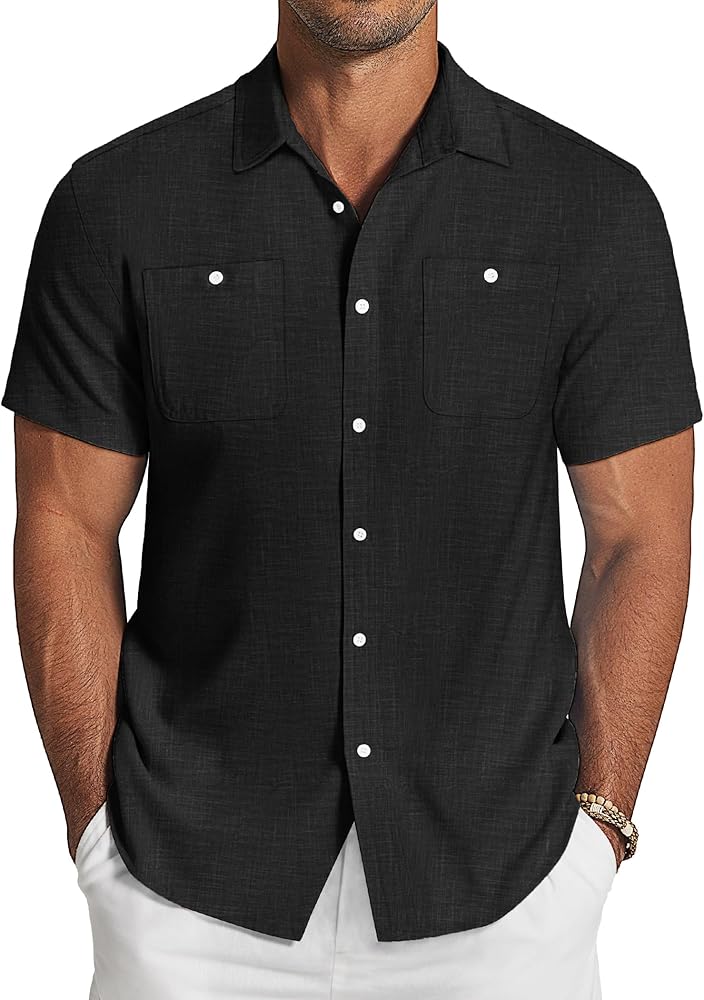 COOFANDY Men's Linen Shirt Beach Summer Short Sleeve Button Down Casual Shirts