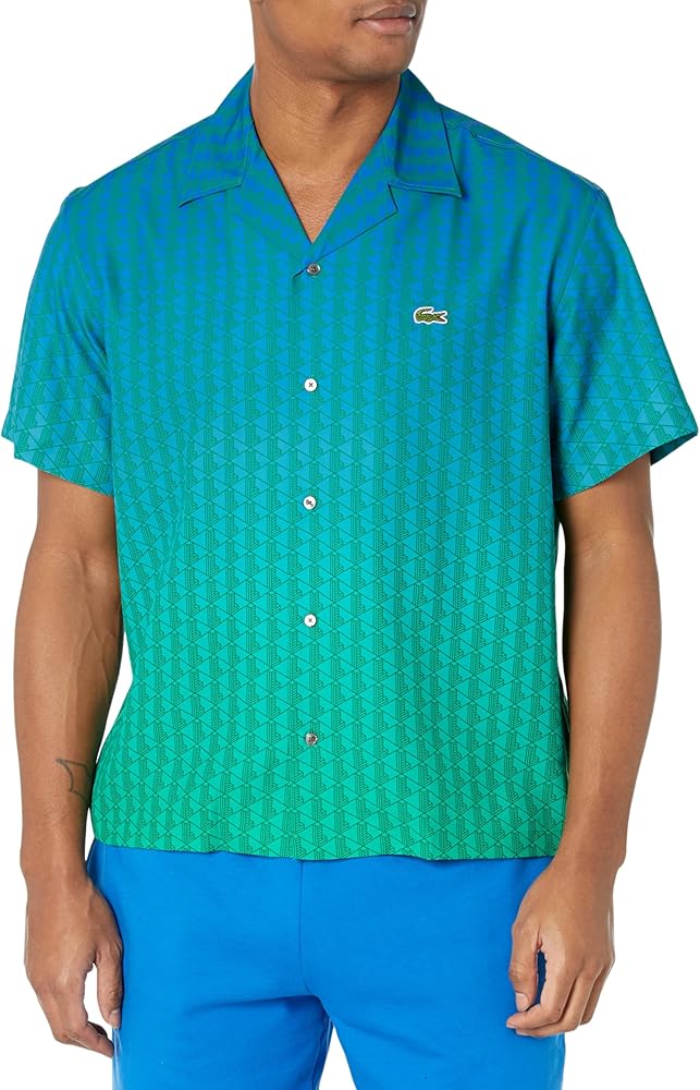 Lacoste Men's Relaxed Fit Short Collar Button Down Shirt W/Ombre AOP L Graphic W/Stripes on The Sleeves