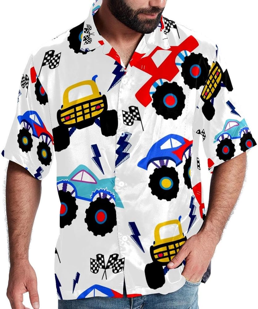 Cartoon Monster Truck Men Casual Button Down Shirts Short Sleeve