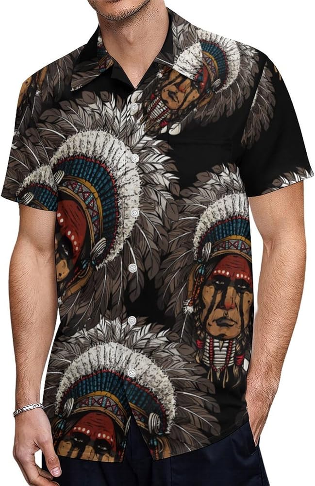 American Native Indian Warrior Men's Shirt Button Down Short Sleeve Dress Shirts Casual Beach Tops for Office Travel