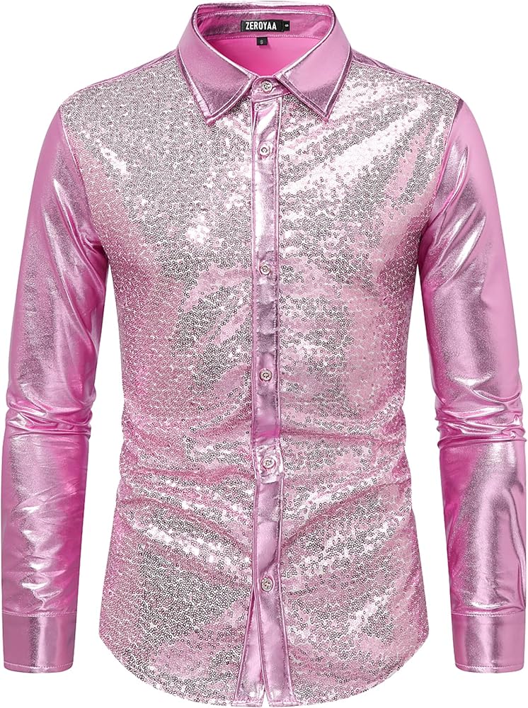 ZEROYAA Men's Shiny Metallic Sequin Long Sleeve Button Down Shirts for Halloween Cosplay Party