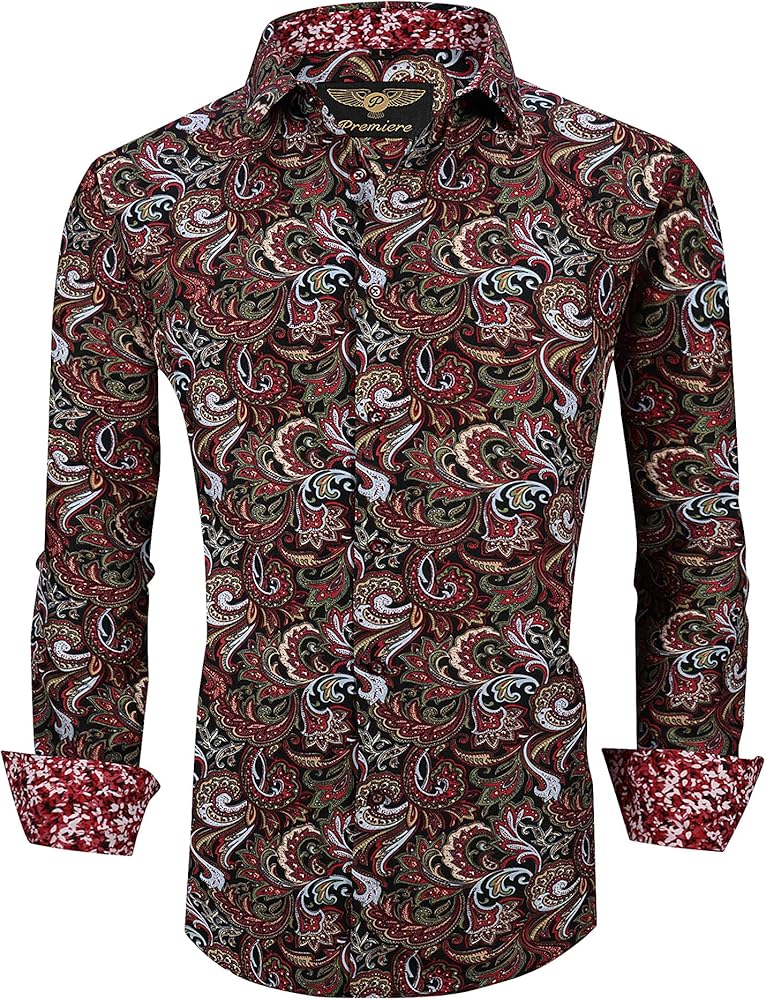 Premiere Men's Colorful Paisley Designer Fashion Dress Shirt Floral Casual Shirt Woven Long Sleeve Button Down Shirt